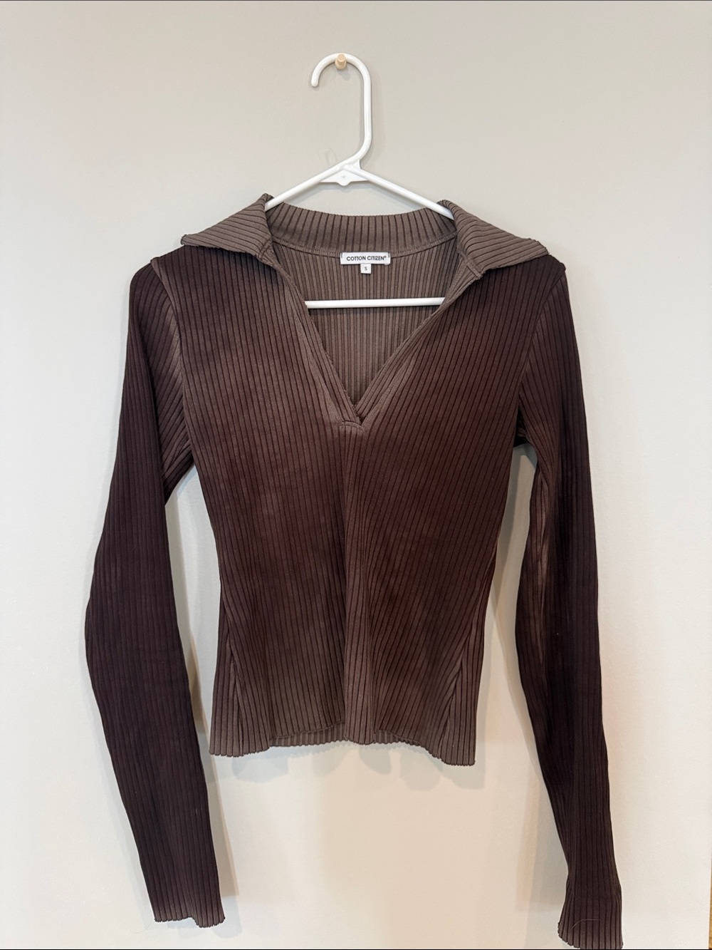 Cotton Citizen Chocolate Brown Ribbed V-Neck Long Sleeve Top